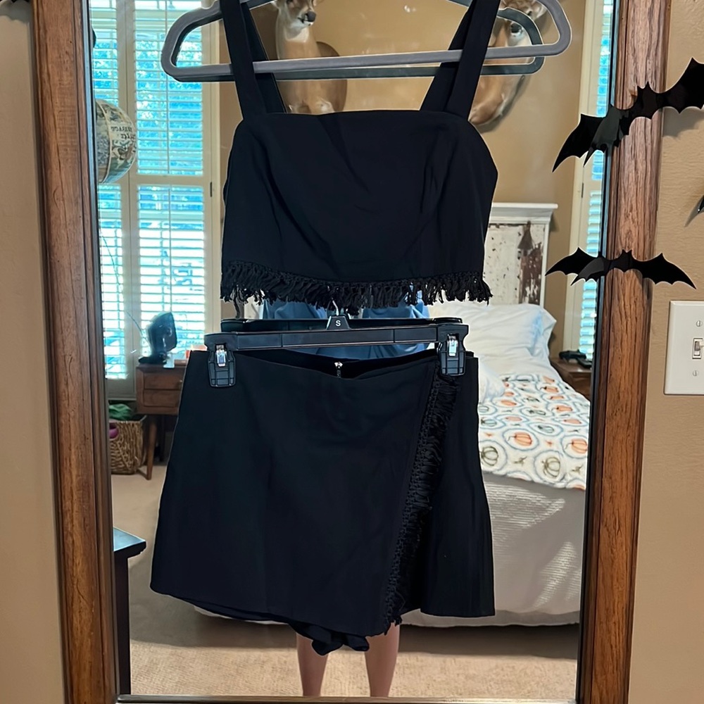 Black Linen Skort Fringe Set